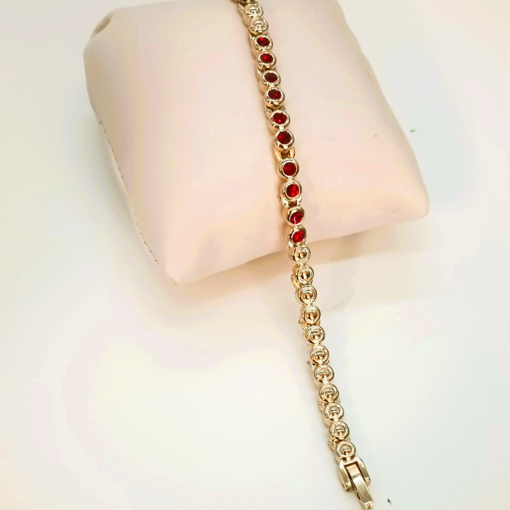 Gold Ruby Red Tennis Bracelet 7.5" Women's with Clear Round Stones Jewe;ry